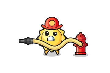 sun cartoon as firefighter mascot with water hose