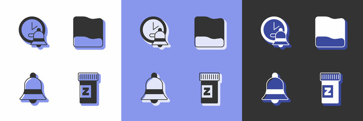 Set Sleeping pill, Alarm clock, Ringing bell and Pillow icon. Vector