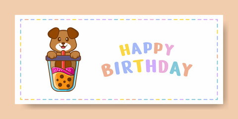 Happy Birthday banner with Cute dog cartoon character. Vector Illustration
