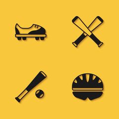 Set Football shoes, Bicycle helmet, Baseball bat with and Crossed baseball icon with long shadow. Vector