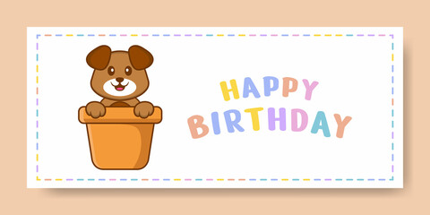 Happy Birthday banner with Cute dog cartoon character. Vector Illustration