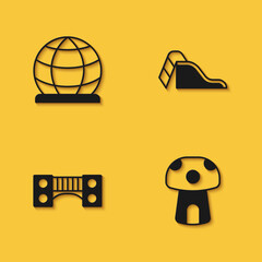 Set Playground climbing equipment, Mushroom house, kids bridge and Slide playground icon with long shadow. Vector