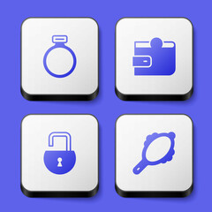 Set Magic stone ring, Wallet, Open padlock and hand mirror icon. White square button. Vector