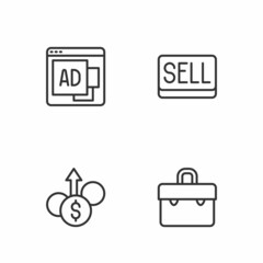 Set line Briefcase, Financial growth dollar, Advertising and Sell button icon. Vector