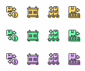 Set line Cardboard boxes on pallet, Tax cardboard, Container and Conveyor belt with icon. Vector