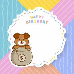 Happy Birthday greeting card with Cute dog cartoon character. Vector Illustration