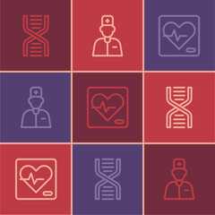 Set line DNA symbol, Heart rate and Male doctor icon. Vector