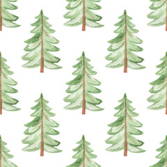 Seamless pattern with hand-drawn watercolor green Christmas tree on white background. Print for textiles, postcards, etc.