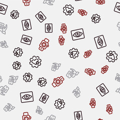 Set line Heart with cross, Red eye effect, Blood donation and Smart watch heart on seamless pattern. Vector
