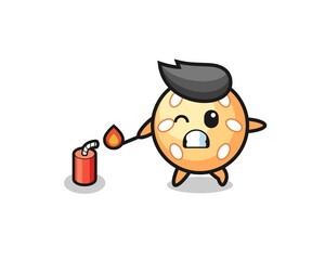 sesame ball mascot illustration playing firecracker