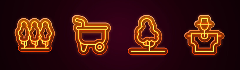 Set line Fruit trees, Wheelbarrow, and Scarecrow. Glowing neon icon. Vector
