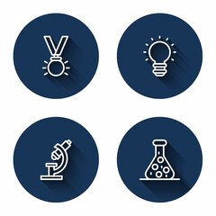 Set line Medal, Creative lamp light idea, Microscope and Test tube with long shadow. Blue circle button. Vector