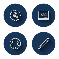 Set line Exam sheet with A plus grade, Chalkboard, Earth globe and Pencil eraser with long shadow. Blue circle button. Vector