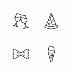 Set line Ice cream in waffle, Macaroni, Wine glass and Slice of pizza icon. Vector