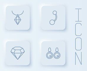 Set line Pendant on necklace, Piercing, Diamond and Earrings. White square button. Vector
