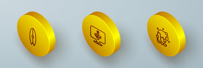 Set Isometric line Surfboard, Anchor and Tsunami icon. Vector