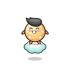 cute sesame ball illustration riding a floating cloud