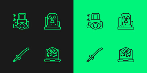 Set line Computer vision, Katana, Cyber security and Radioactive warning lamp icon. Vector