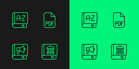Set line Law book, Book, Translator and PDF file document icon. Vector