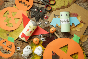 Various kids craft for Halloween decoration.