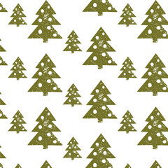 Seamless vector pattern of green Christmas trees with white toys. Illustration, grunge. Christmas, New Year, holiday. Image for wrapping paper, fabric, wallpaper.