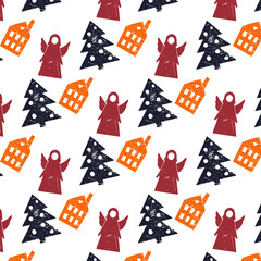 Seamless vector pattern of colored houses, angels and Christmas trees. Illustration, grunge. Christmas, New Year, holiday. Image for wrapping paper, fabric, wallpaper.