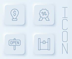 Set line Cash location pin, Discount percent tag, Hanging sign with text Open and Paper shopping bag. White square button. Vector