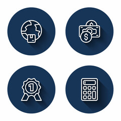Set line Worldwide shipping, Stacks paper money cash, Medal and Calculator with long shadow. Blue circle button. Vector