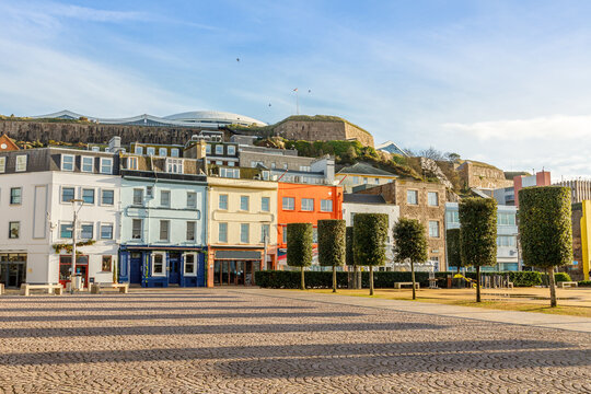 Saint Helier central square with fort Regent int the background, bailiwick of Jersey, Channel Islands