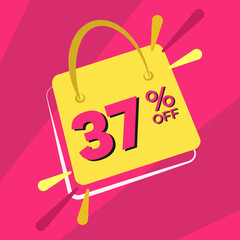 37 percent discount. Pink banner with floating bag for promotions and offers