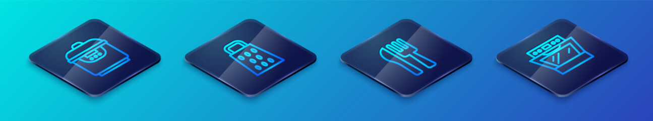 Obraz premium Set Isometric line Crossed knife and fork, Slow cooker, Oven and Grater icon. Vector