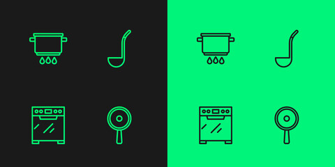 Set line Frying pan, Oven, Cooking pot on fire and Kitchen ladle icon. Vector