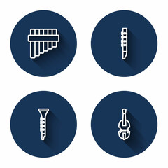 Set line Pan flute, Flute, Clarinet and Violin with long shadow. Blue circle button. Vector