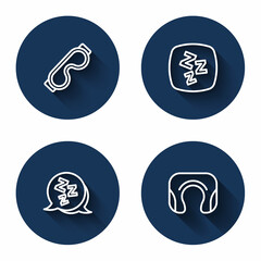 Set line Eye sleep mask, Sleepy, and Travel neck pillow with long shadow. Blue circle button. Vector