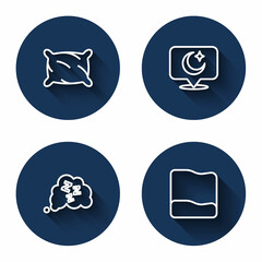 Set line Pillow, Moon and stars, Sleepy and with long shadow. Blue circle button. Vector