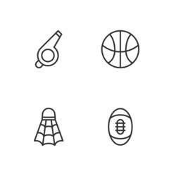 Set line American Football ball, Badminton shuttlecock, Whistle and Basketball icon. Vector