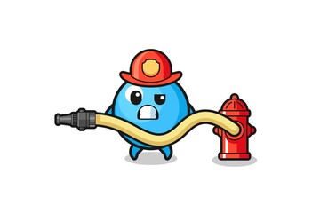 gum ball cartoon as firefighter mascot with water hose