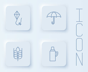 Set line Kite, Umbrella, Wheat and Thermos container. White square button. Vector