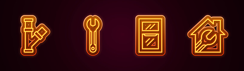 Set line Industry metallic pipe, Wrench spanner, Window in room and House with wrench. Glowing neon icon. Vector