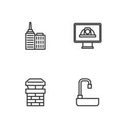 Set line Washbasin, Chimney, City landscape and Worker safety helmet icon. Vector