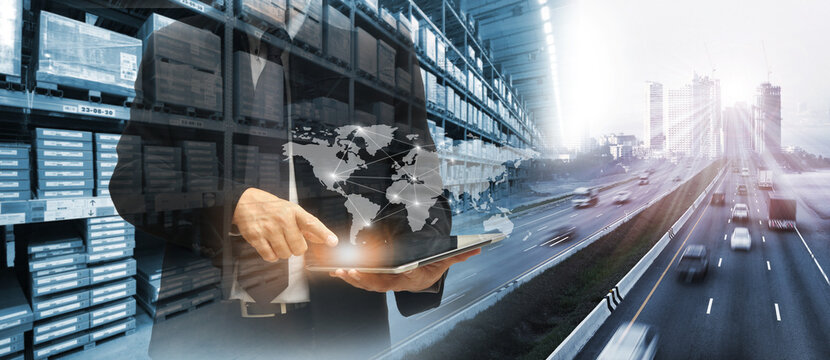 Double exposure of delivery industry and logistics concept container truck ,ship in port and freight cargo plane in transport and import-export commercial logistic