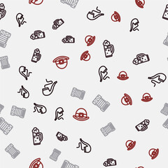 Set line Smoking pipe, Glass of beer, Accordion and Leprechaun hat on seamless pattern. Vector