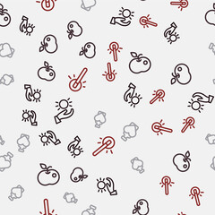 Set line Ball levitating above hand, Poison apple, Bottle with love potion and Magic wand on seamless pattern. Vector