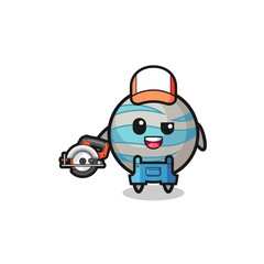the woodworker planet mascot holding a circular saw