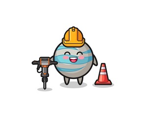 road worker mascot of planet holding drill machine