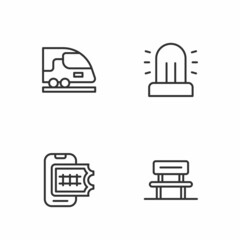 Set line Waiting hall, Online ticket booking, High-speed train and Flasher siren icon. Vector