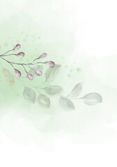 Pale blue and green leaves - botanical design banner. Floral pastel watercolor border frame