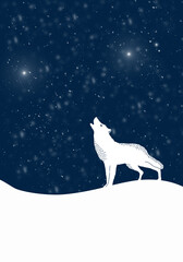 Howling Wolf in a winter landscape with snowfall. Winter illustration.