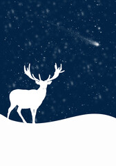 Male deer in a winter landscape with snowfall. Winter illustration.