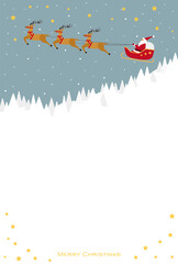 雪山の上の星空を駆けるトナカイのそりに乗ったサンタクロースのイラスト